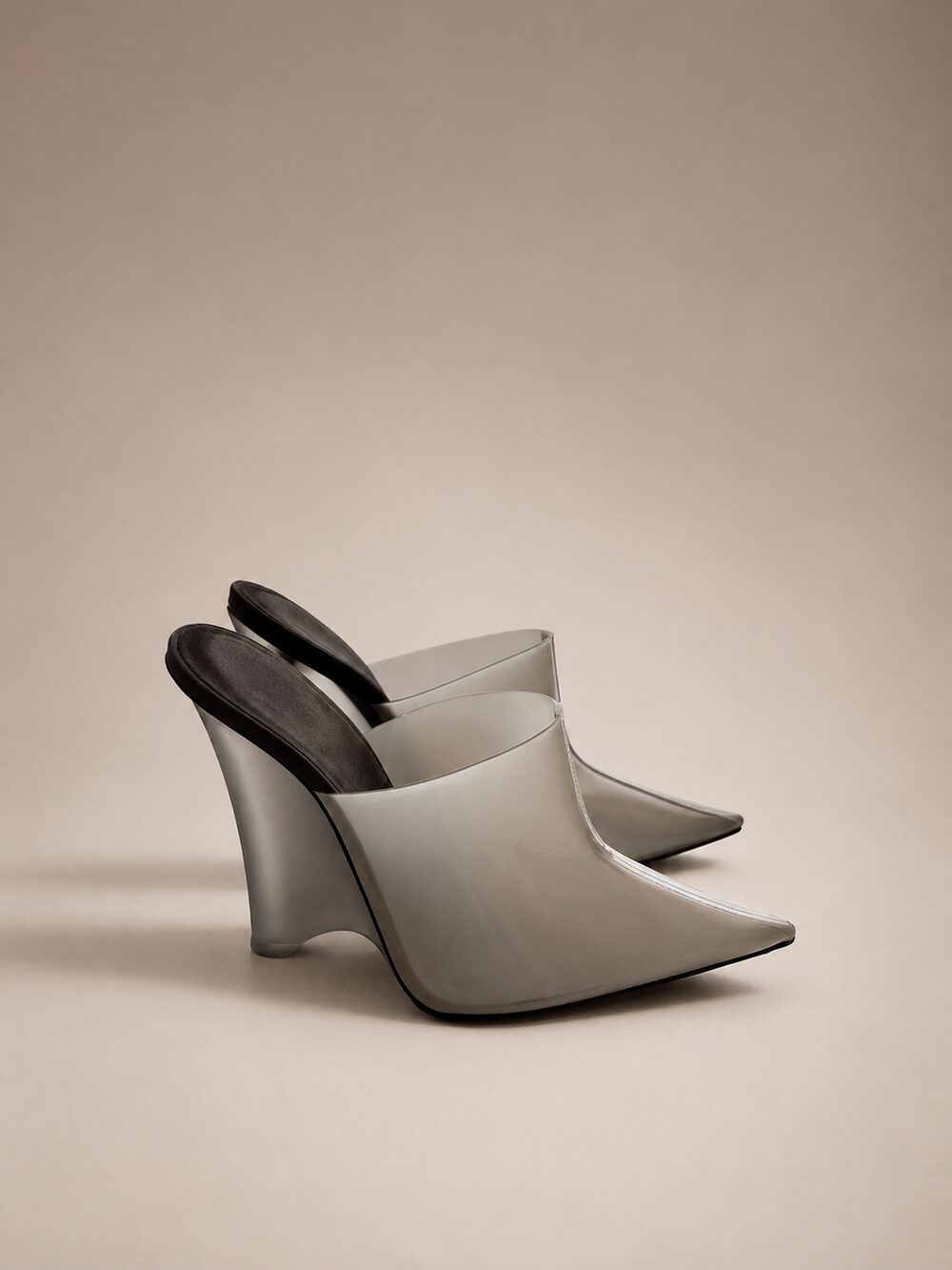 Grey pointed wedge mules